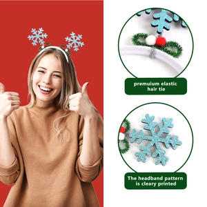 Detail of Christmas headband with blue glitter snowflakes and premium elastic hair tie