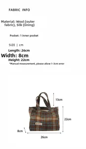 Detailed size guide and specifications for large vintage plaid wool tote handbag