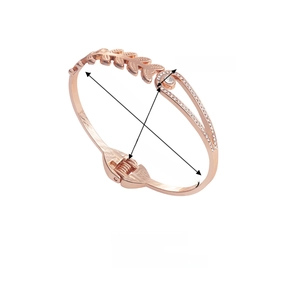 Detailed dimensions of rose gold alloy leaf bangle with clear crystal inlay and spring open