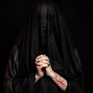 Realistic Halloween bloody vein temporary tattoos with black lace mesh veil on dark background