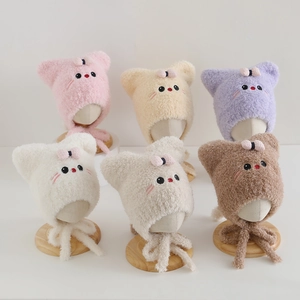 Cute plush baby winter hats with cat ears and bows in six assorted pastel colors