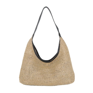 Retro straw tote bag with black leather shoulder straps for beach vacation fashion