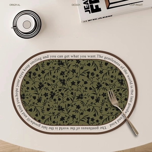 Waterproof leather oval placemat with vintage green floral pattern and motivational quotes