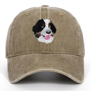 Détail de broderie de Bouvier Bernois sur casquette de baseball en coton délavé