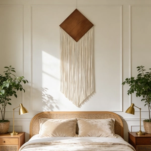Bohemian woven cotton fringe tapestry with walnut diamond wood board wall hanging decor