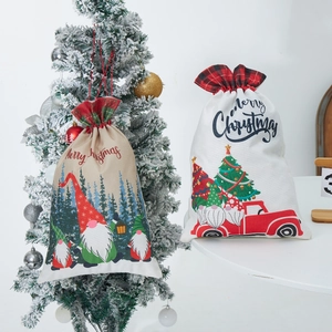 Christmas burlap gift bags with Santa Gnomes and vintage truck prints for holiday treats