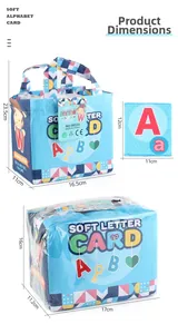 Detailed dimensions of blue fabric alphabet card set and carry bag for baby early learning