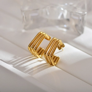 Detailed close-up of 18K gold plated stainless steel geometric square hoop earrings