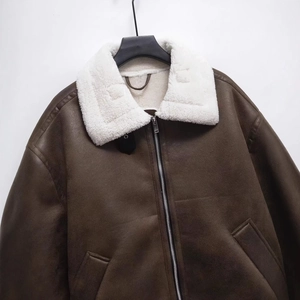 Classic brown faux shearling aviator jacket with white wool collar and zipper detail