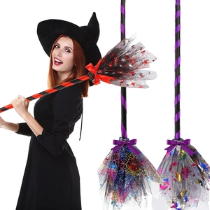 LED light-up Halloween witch broom props with mesh tulle and colorful ribbon decorations