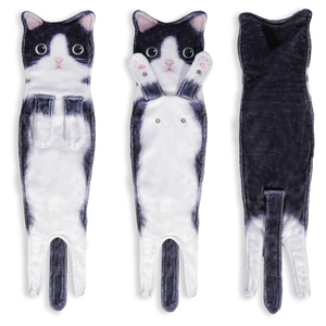Realistic black and white cat shaped hand towel with snap buttons for hanging in bathroom
