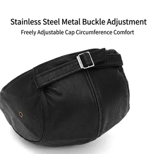 Classic black leather newsboy cap with adjustable stainless steel buckle and strap