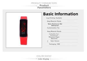 Detail view showing red LED digital display and plastic strap of sports wristband