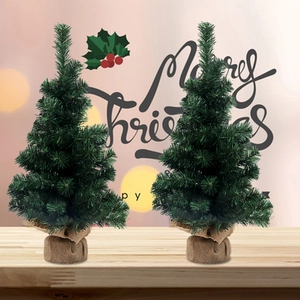 Mini 20cm artificial Christmas tree with PVC pine needles and burlap base on wood table