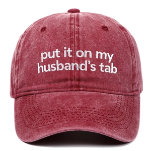 Vintage washed red cotton baseball cap with Put It On My Husband's Tab embroidery