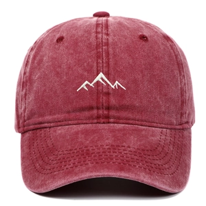 Vintage burgundy washed cotton baseball cap with white mountain embroidery on front