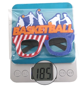 Close-up of lightweight 18.5g basketball theme party glasses on a scale showing quality