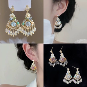 Bohemian Flower Tassel Dangle Earrings With 925 Sterling Silver Earring Post Crystal Rhinestone Vintage Ethnic Jewelry