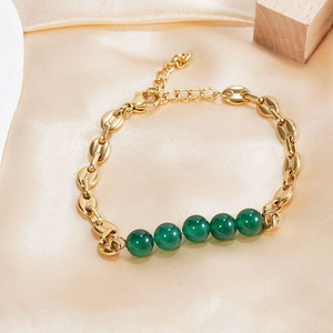 Vintage gold-plated stainless steel bracelet with green emerald stones and bean chain links