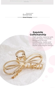 Detailed view of a large golden metal bow hair claw clip with a polished finish