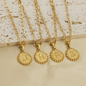 Gold 18K layered paperclip chain necklace with initial round pendants J H F S