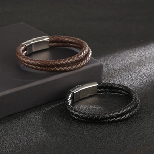 Men's double-layered braided leather bracelets with silver magnetic clasp in black and brown