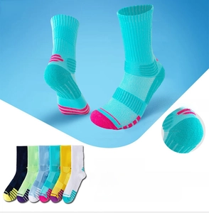 Close-up of breathable cushioned athletic socks with moisture-wicking knitted texture