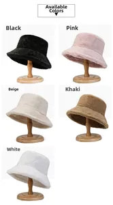 Thick plush bucket hats displayed in black, pink, beige, khaki, and white color options