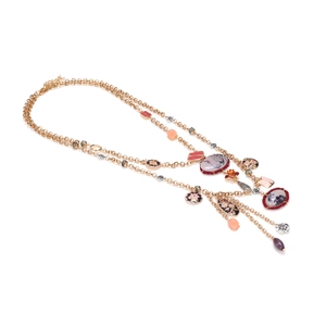 Multi-layer gold necklace with floral enamel pendants and colorful resin beads