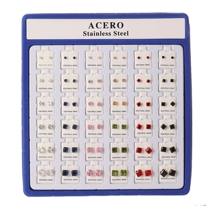 Mixed set of colorful square zirconia stainless steel stud earrings on a blue display tray