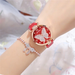 Women's quartz watch and bracelet set featuring a red leather strap and diamond butterfly