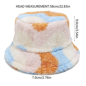Detailed dimensions of multi-color plush bucket hat with head circumference measurements