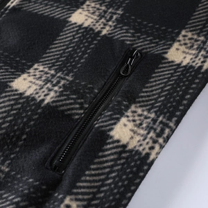 Macro detail of plaid fleece jacket featuring a vertical zipper pocket and premium texture