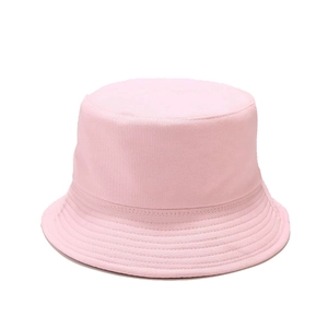 Detail of pink cotton bucket hat featuring reinforced parallel brim stitching