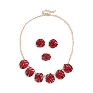 Three-piece gold-tone jewelry set with red enamel irregular round pendants for women