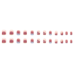 24pcs sweet blush French square press-on nails with blue drip stars and heart patterns
