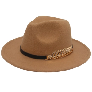 Camel wide brim wool fedora with black ribbon and gold leaf metal accessory for men and women