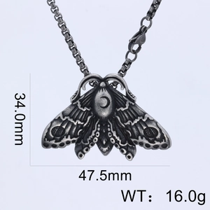 Gothic moth pendant in antique silver with crescent moon detail, 47.5mm wide and 16g weight