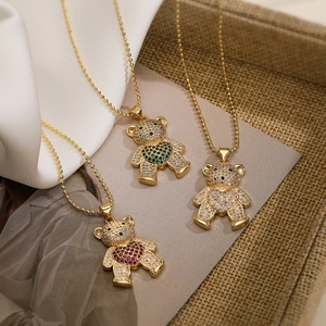 Teddy Bear Pendant Necklace Gold Plated Copper Heart Zircon Sparkling Rhinestone Fashion Jewelry For Women