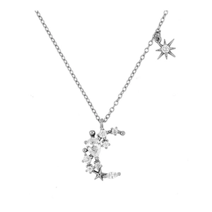 Exquisite S925 silver crescent moon necklace with sparkling zircon and star charms