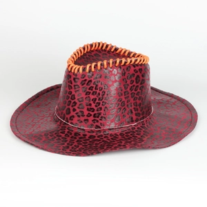 Detail of red leopard print cowboy hat featuring bold orange whipstitch trim craftsmanship