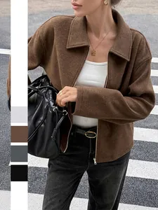 Giacca Casual Da Donna Con Cerniera Misto Lana Colletto Polo Manica Lunga Tinta Unita Streetwear Autunno