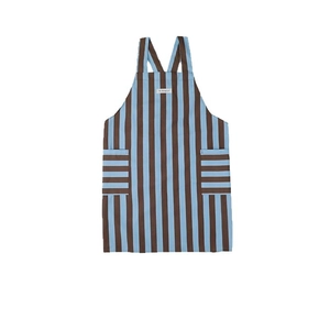 Brown and blue striped kitchen apron with dual front pockets and So original label