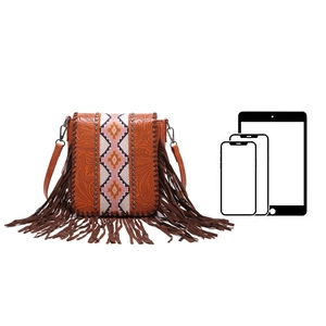 Detail of bohemian crossbody bag with floral embossing, fringe, and ethnic woven pattern
