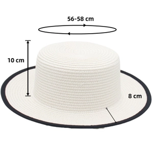 Detail showing dimensions of the woven straw sun hat with black trim and white texture