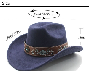 Size specifications of navy blue western cowboy hat with detailed measurements