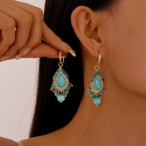 Vintage gold drop earrings with turquoise stone and crystal beads for women
