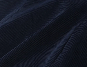 Detailed macro view showing dark blue corduroy fabric texture and vertical ribbed patterns