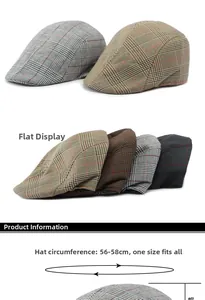 Presentazione piatta di berretti retrò a quadri in tweed grigio, caffè e marrone