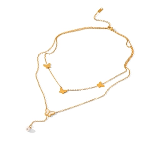 Double-layer gold stainless steel butterfly necklace with pearl and shell pendant detail